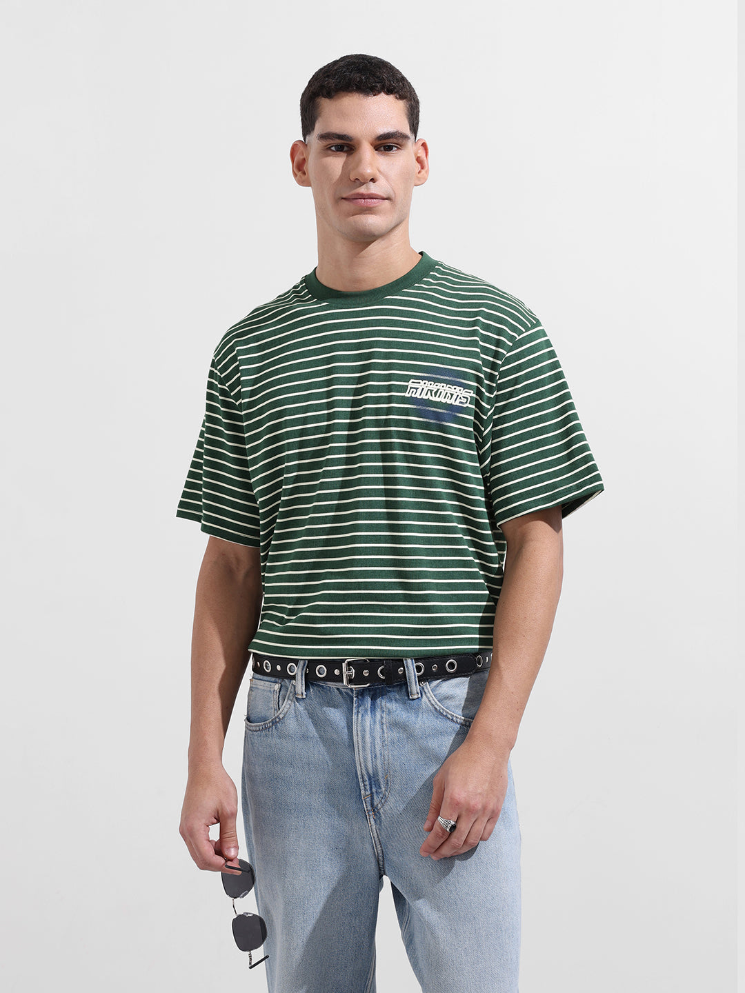 Men's Green Relaxed Fit Striped Street Wear T-Shirt