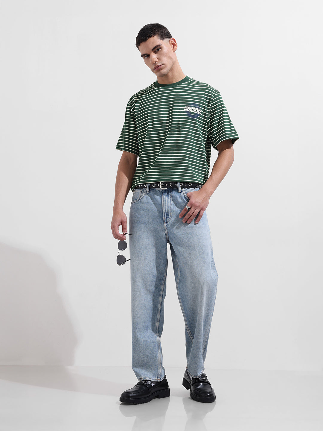 Men's Green Relaxed Fit Striped Street Wear T-Shirt