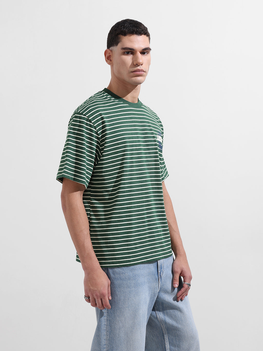 Men's Green Relaxed Fit Striped Street Wear T-Shirt