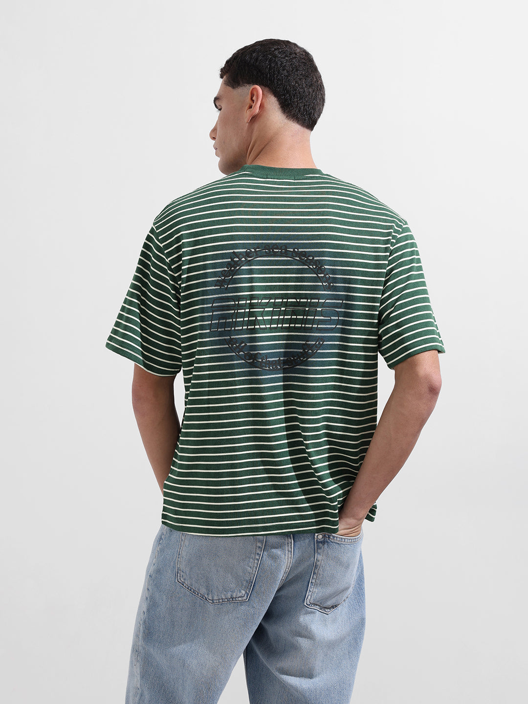 Men's Green Relaxed Fit Striped Street Wear T-Shirt