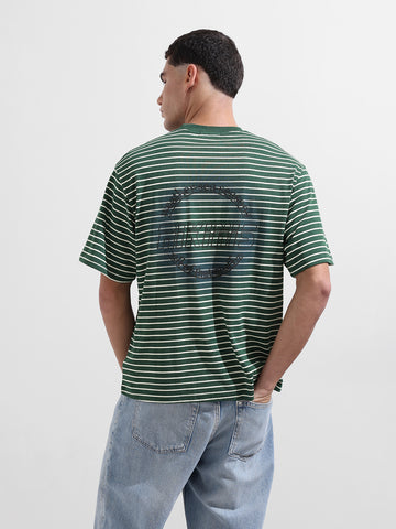 Men's Green Relaxed Fit Striped Street Wear T-Shirt