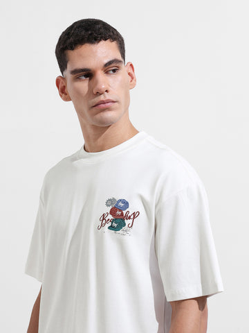 Men's White Relaxed Fit Embroided Street Wear T-Shirt