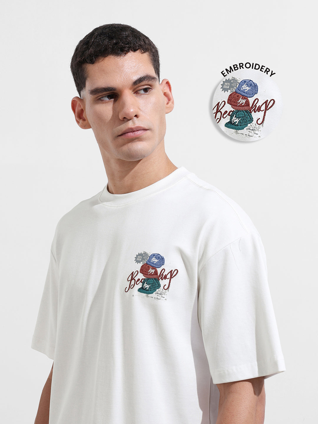 Men's White Relaxed Fit Embroided Street Wear T-Shirt