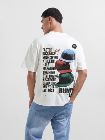 Men's White Relaxed Fit Embroided Street Wear T-Shirt