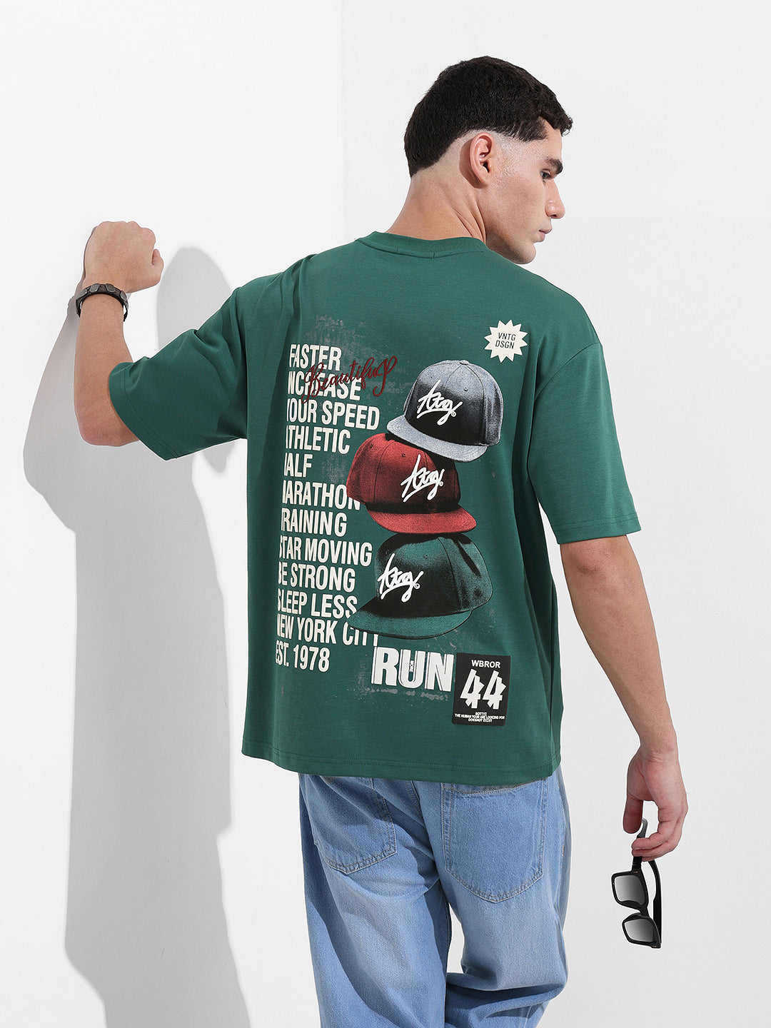 Men's Green Relaxed Fit Embroided Street Wear T-Shirt