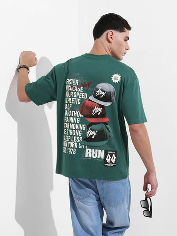 Men's Green Relaxed Fit Embroided Street Wear T-Shirt