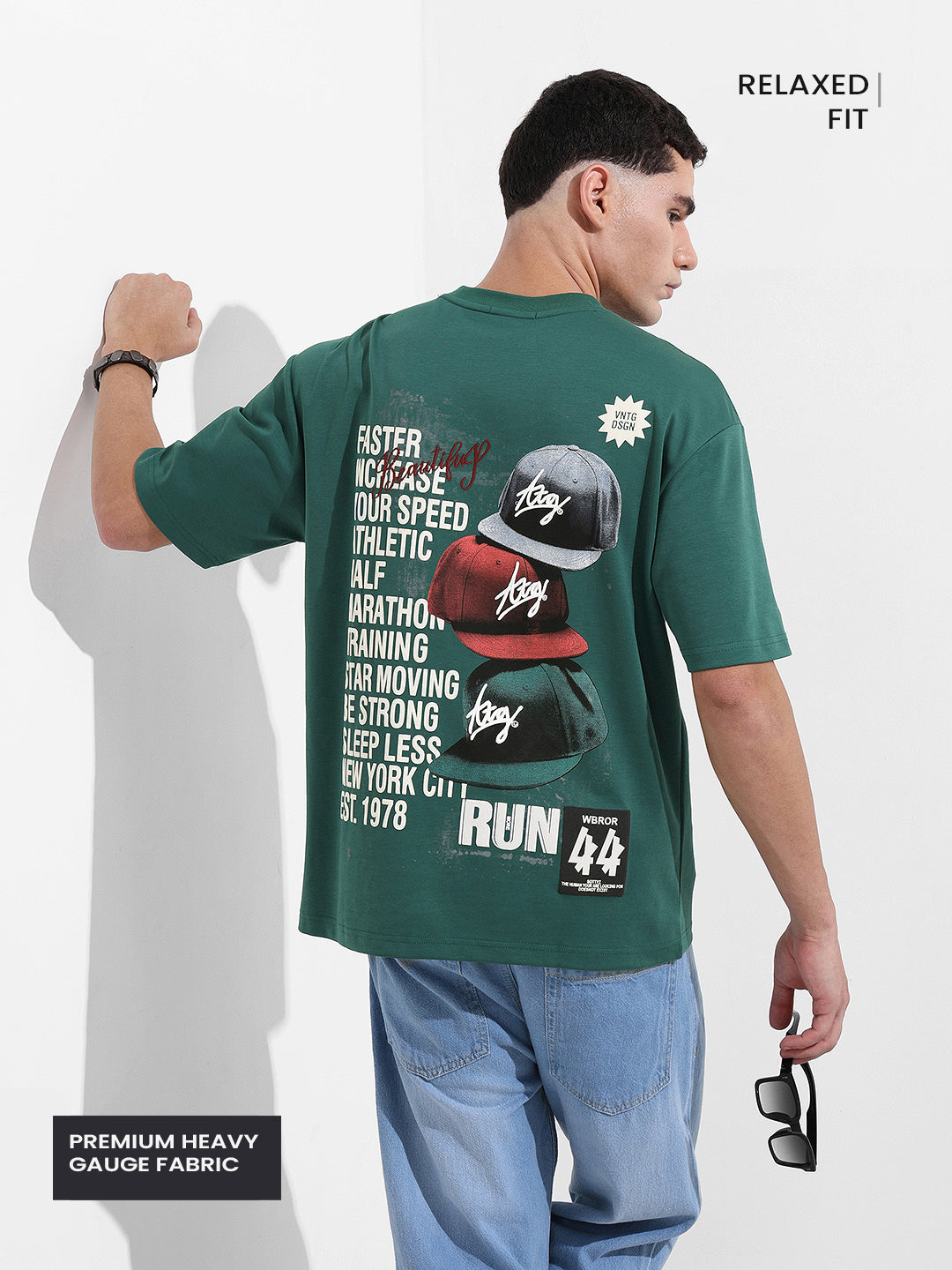 Men's Green Relaxed Fit Embroided Street Wear T-Shirt