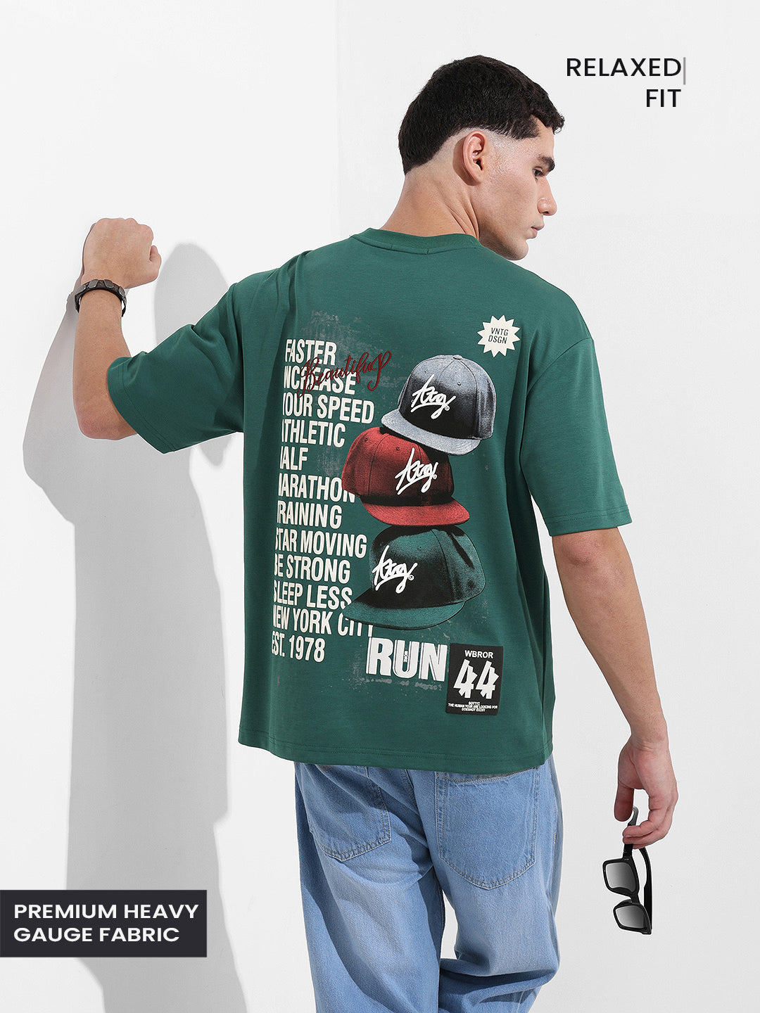 Men's Green Relaxed Fit Embroided Street Wear T-Shirt