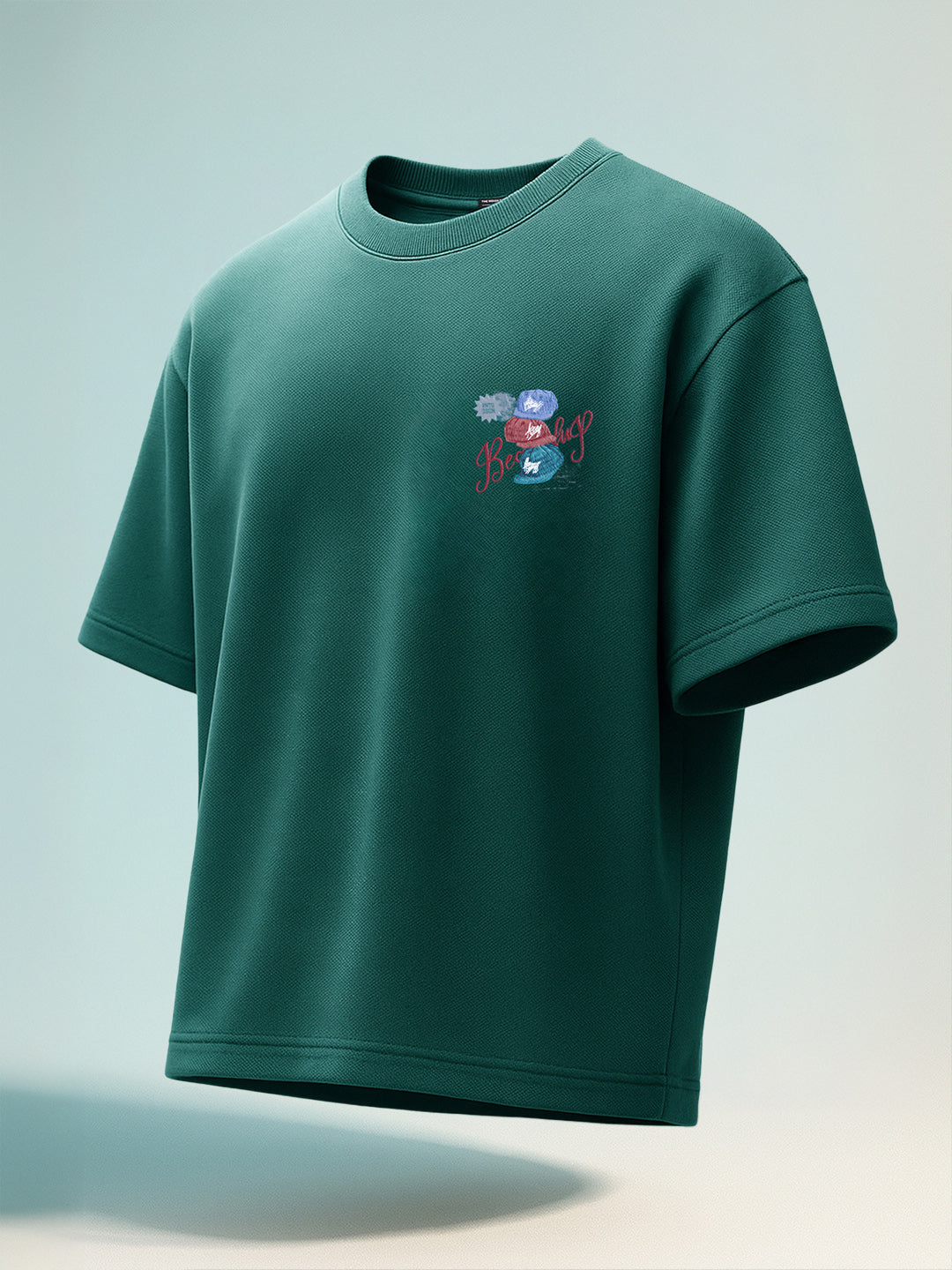 Men's Green Relaxed Fit Embroided 240 GSM Street Wear T-Shirt