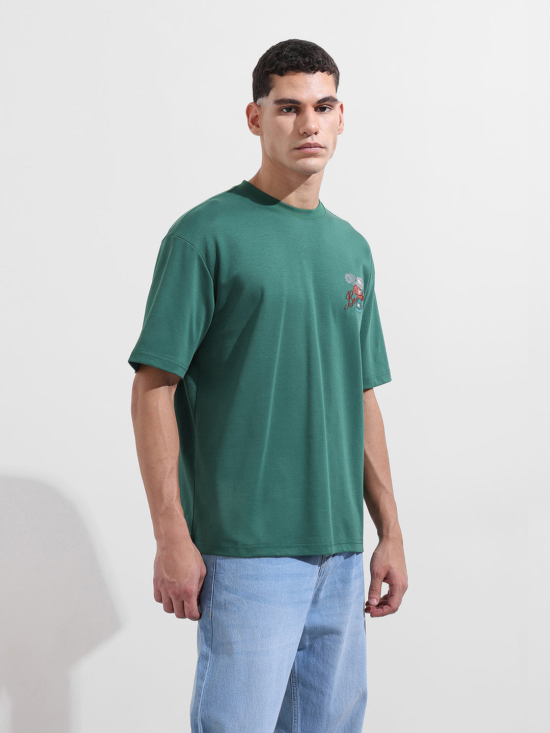 Men's Green Relaxed Fit Embroided Street Wear T-Shirt