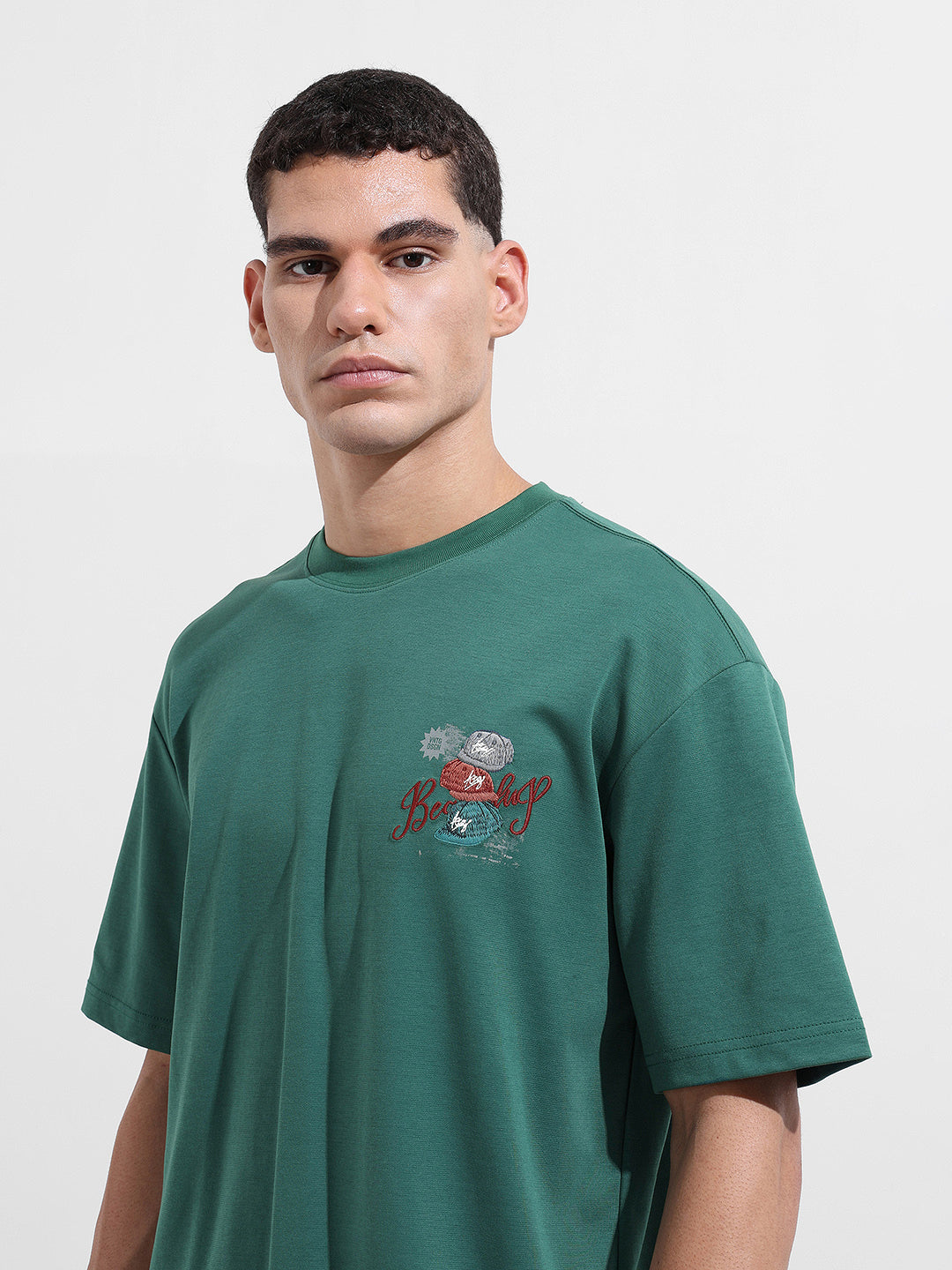 Men's Green Relaxed Fit Embroided Street Wear T-Shirt