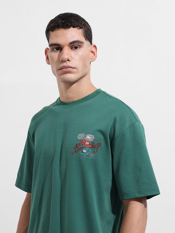 Men's Green Relaxed Fit Embroided Street Wear T-Shirt