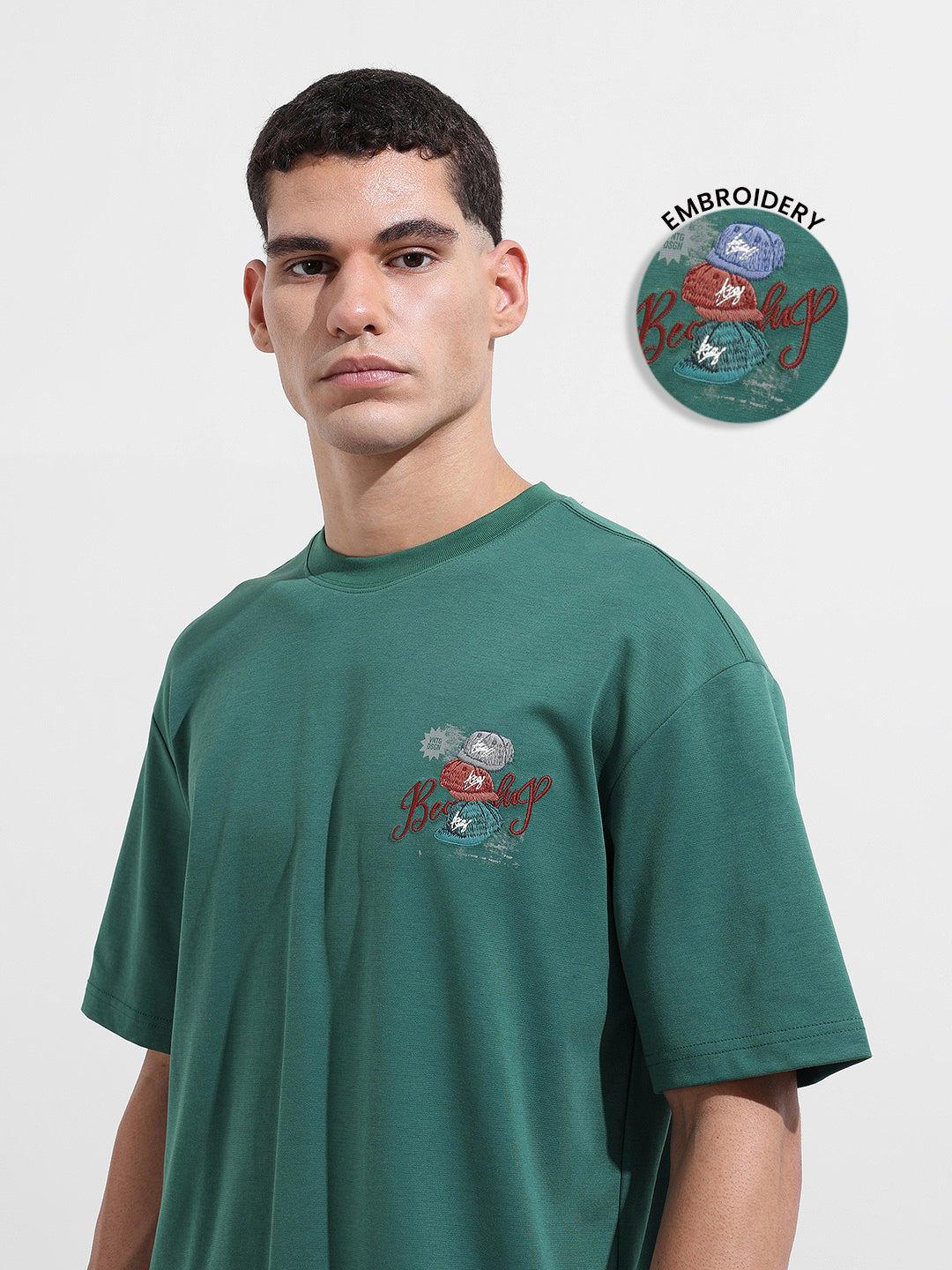 Men's Green Relaxed Fit Embroided Street Wear T-Shirt