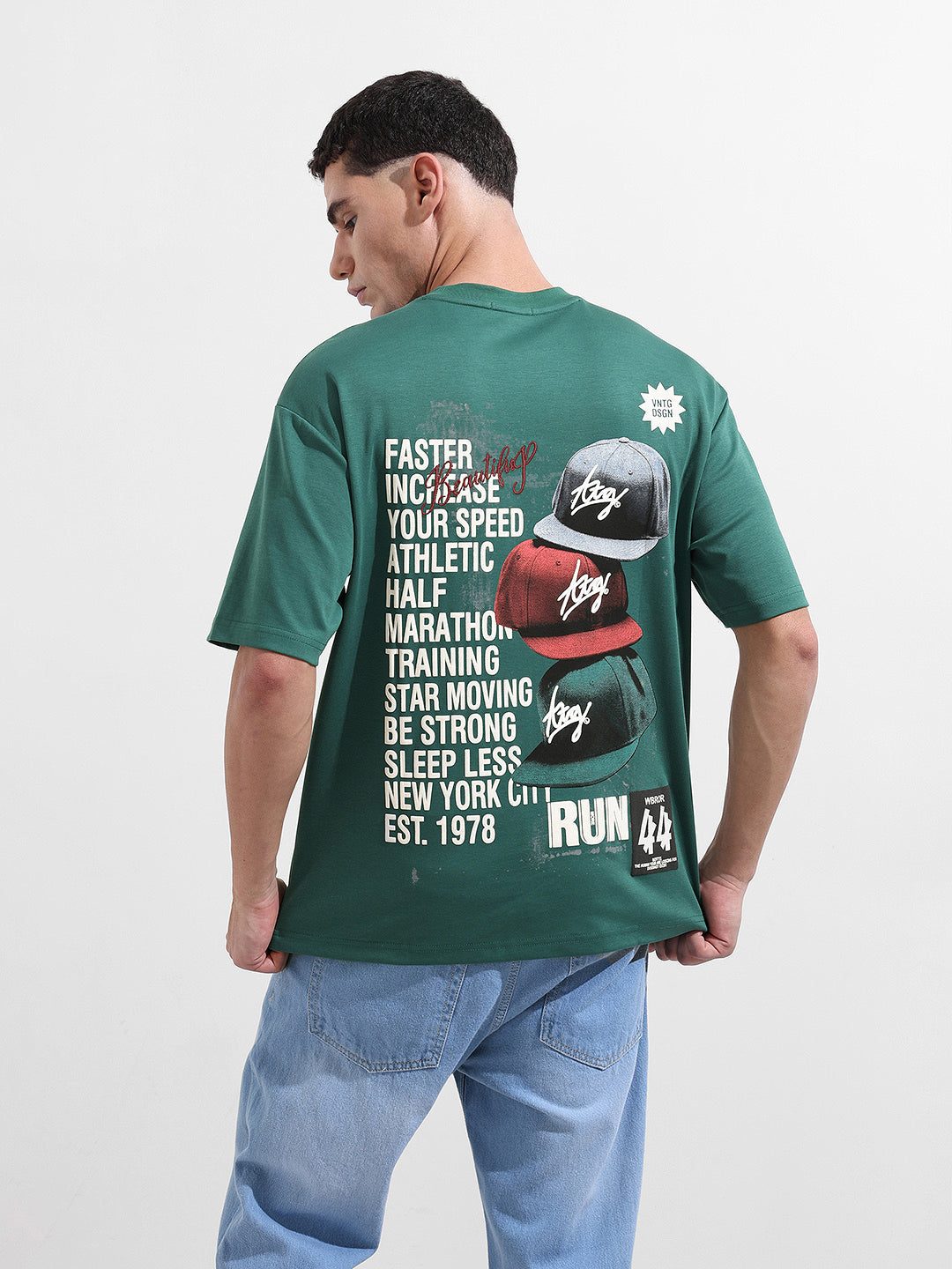 Men's Green Relaxed Fit Embroided Street Wear T-Shirt