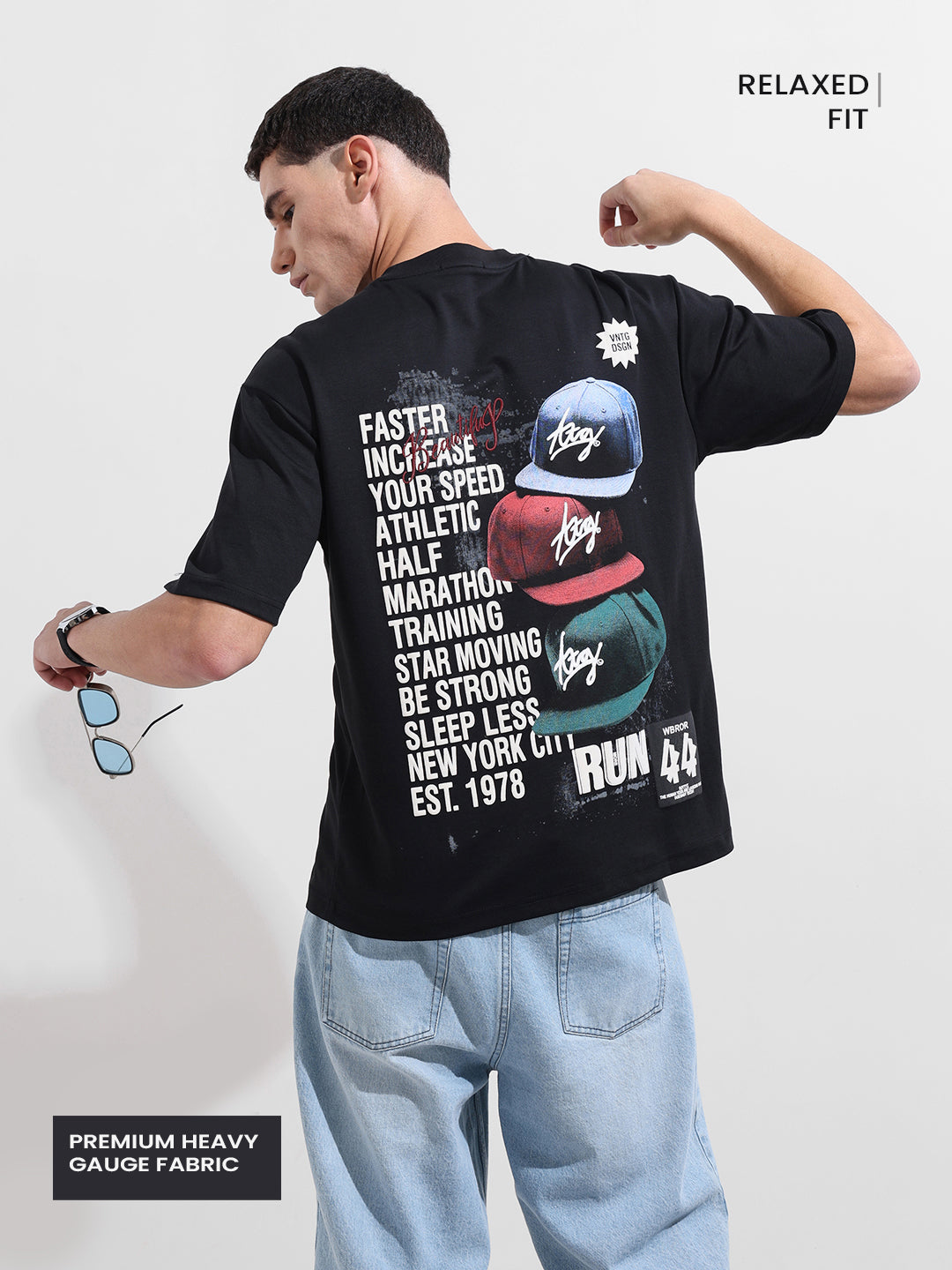 Men's Black Relaxed Fit Embroided Street Wear T-Shirt