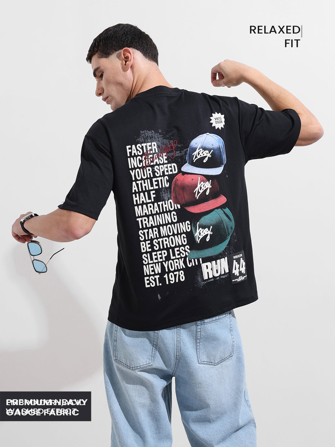 Men's Black Relaxed Fit Embroided Street Wear T-Shirt