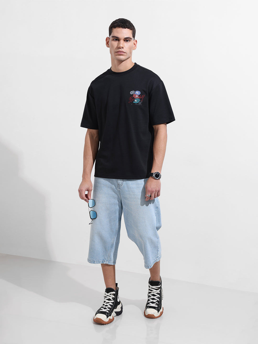 Men's Black Relaxed Fit Embroided Street Wear T-Shirt