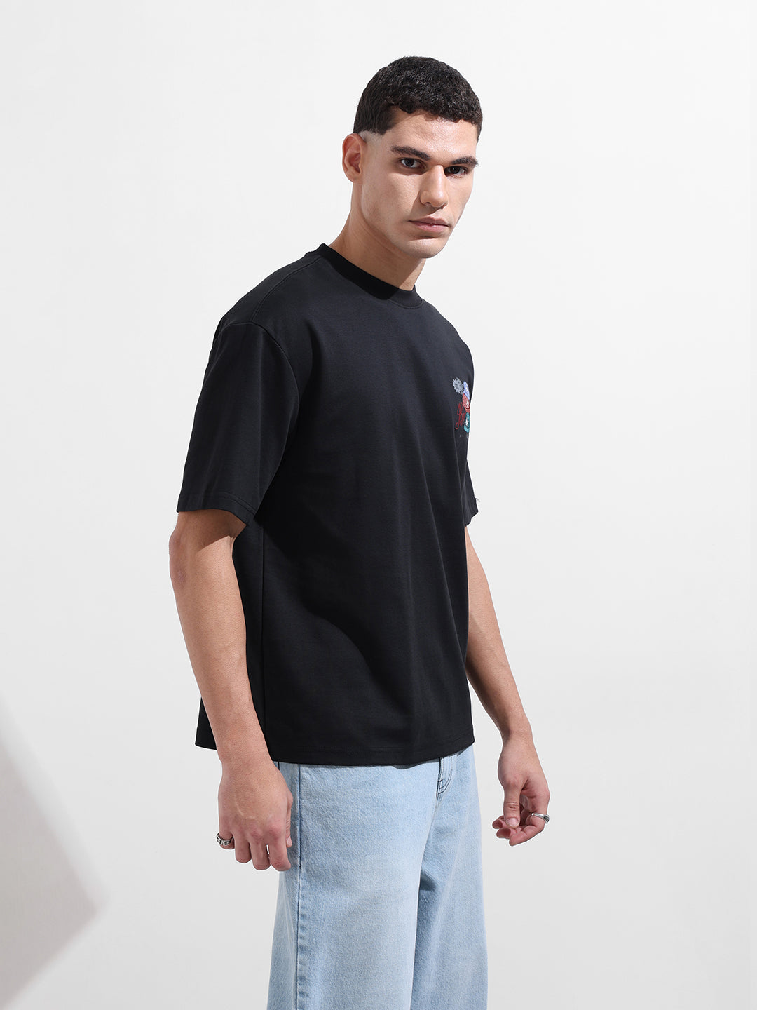 Men's Black Relaxed Fit Embroided Street Wear T-Shirt
