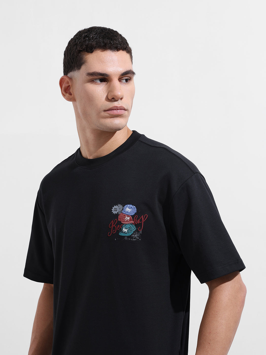 Men's Black Relaxed Fit Embroided Street Wear T-Shirt