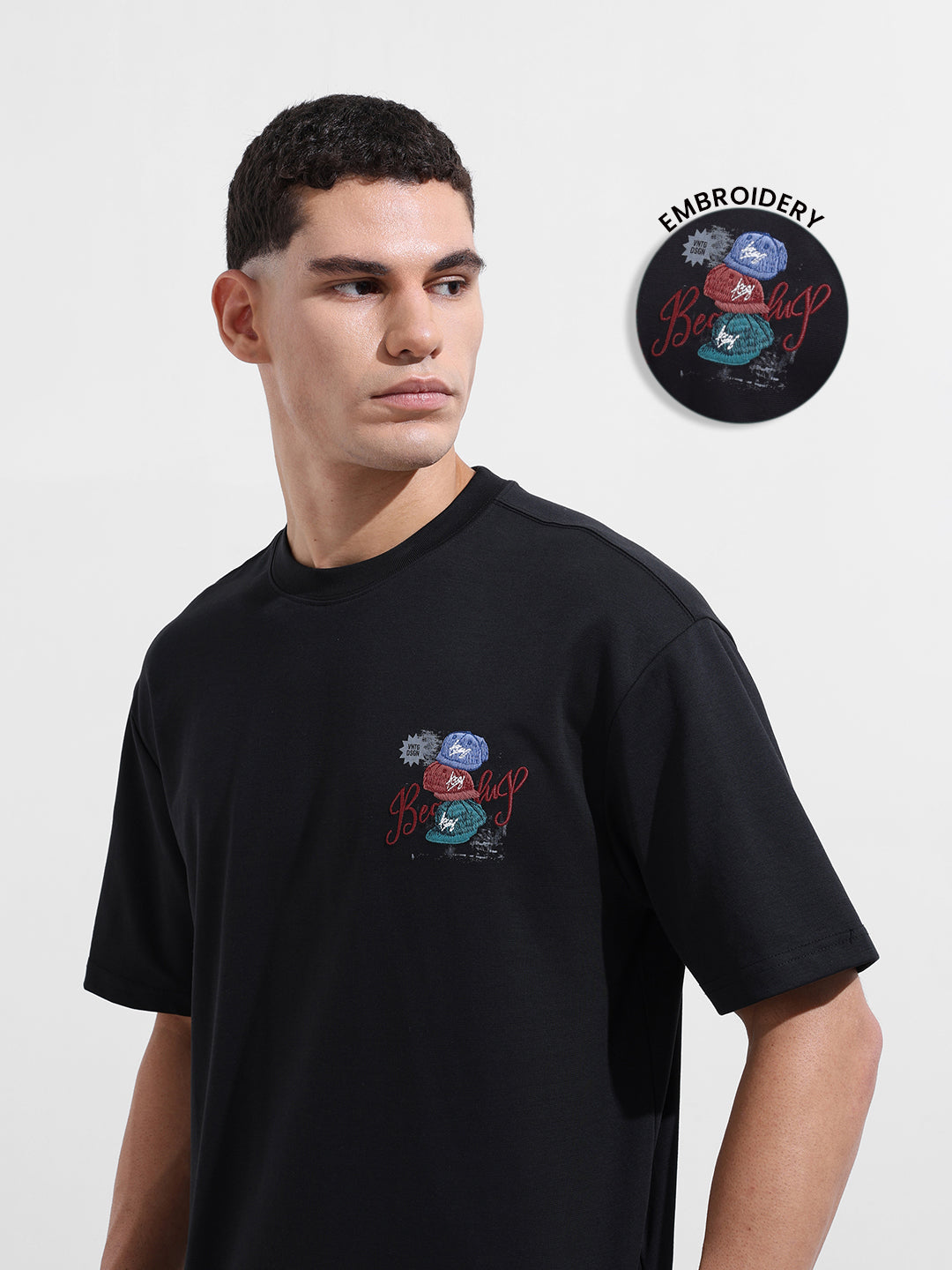 Men's Black Relaxed Fit Embroided Street Wear T-Shirt