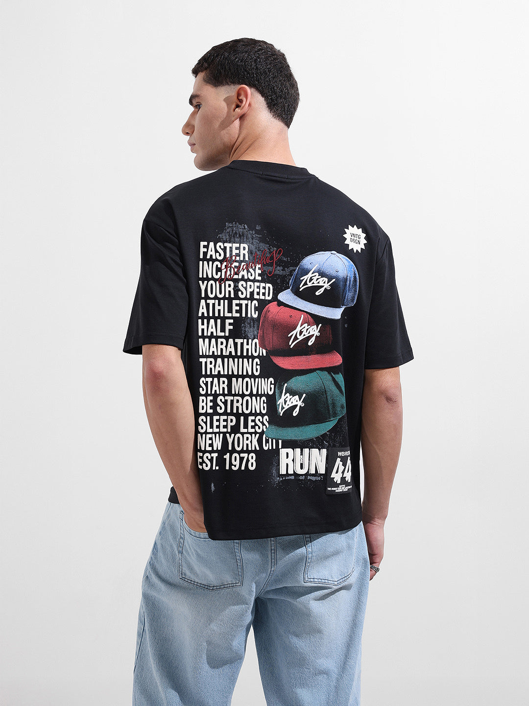 Men's Black Relaxed Fit Embroided Street Wear T-Shirt