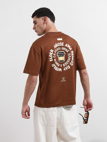 Men's Brown Relaxed Fit Printed Street Wear T-Shirt