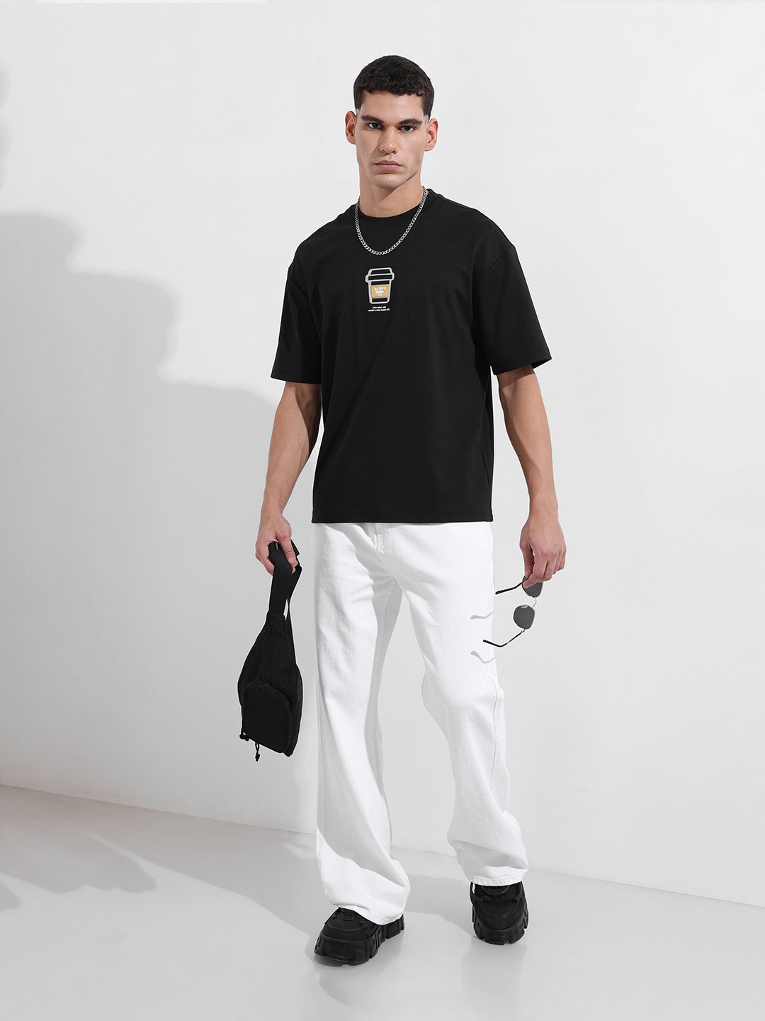 Men's Black Relaxed Fit Printed Street Wear T-Shirt