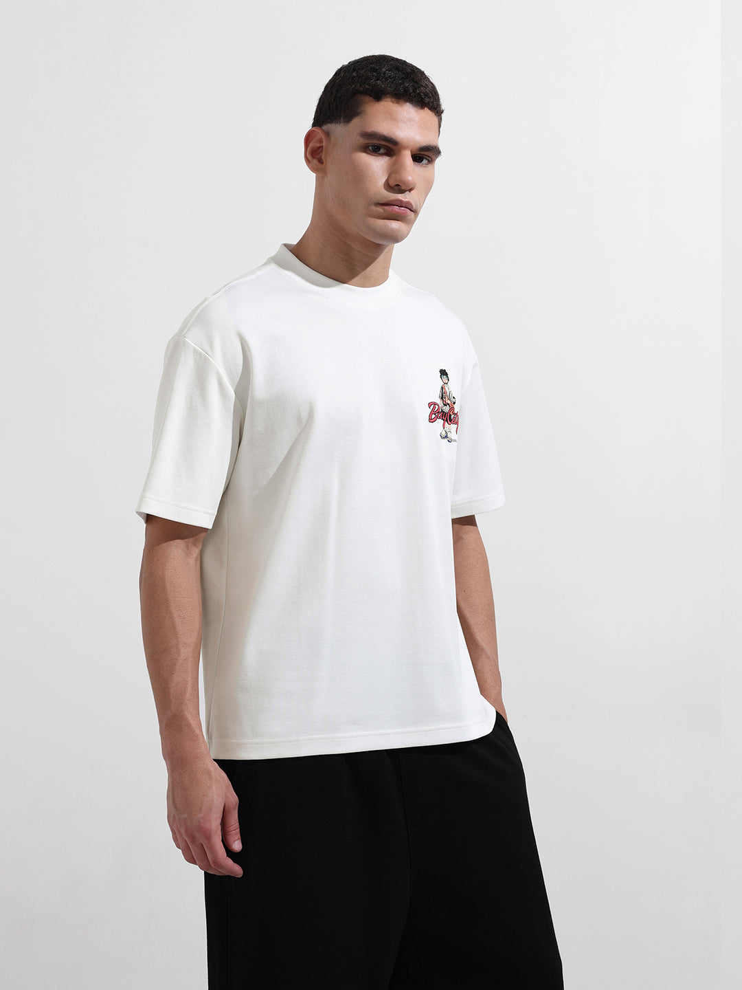 Men's White Relaxed Fit Embroided Street Wear T-Shirt