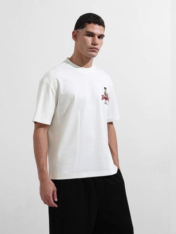 Men's White Relaxed Fit Embroided 240 GSM Street Wear T-Shirt