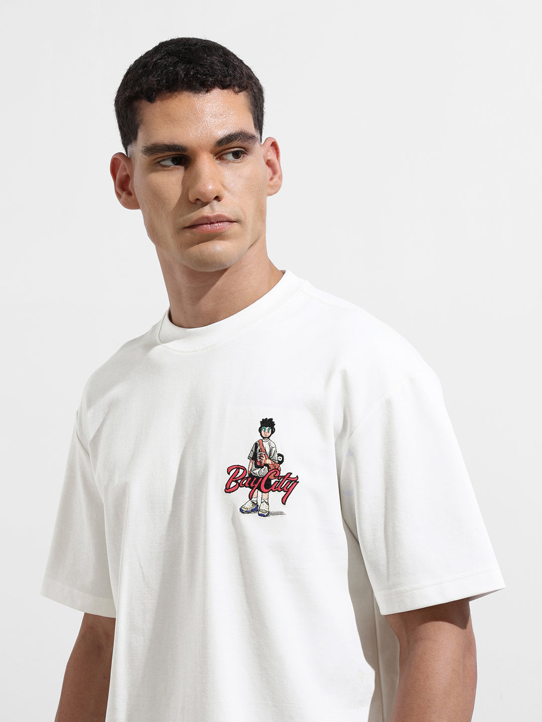 Men's White Relaxed Fit Embroided Street Wear T-Shirt