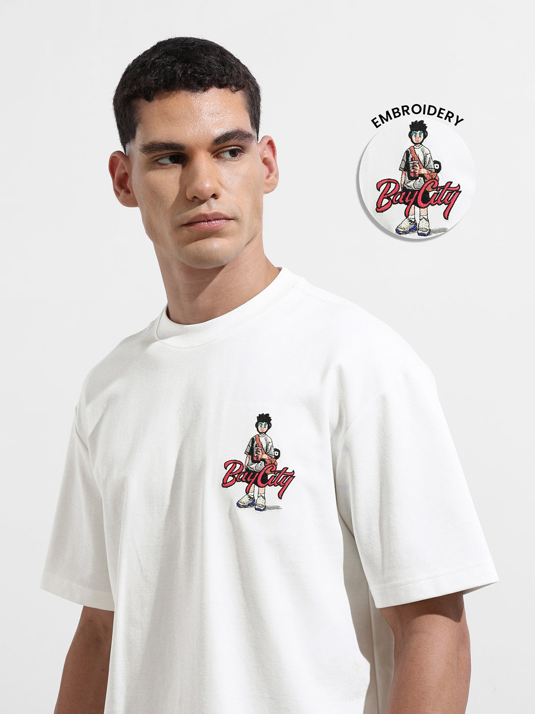 Men's White Relaxed Fit Embroided Street Wear T-Shirt