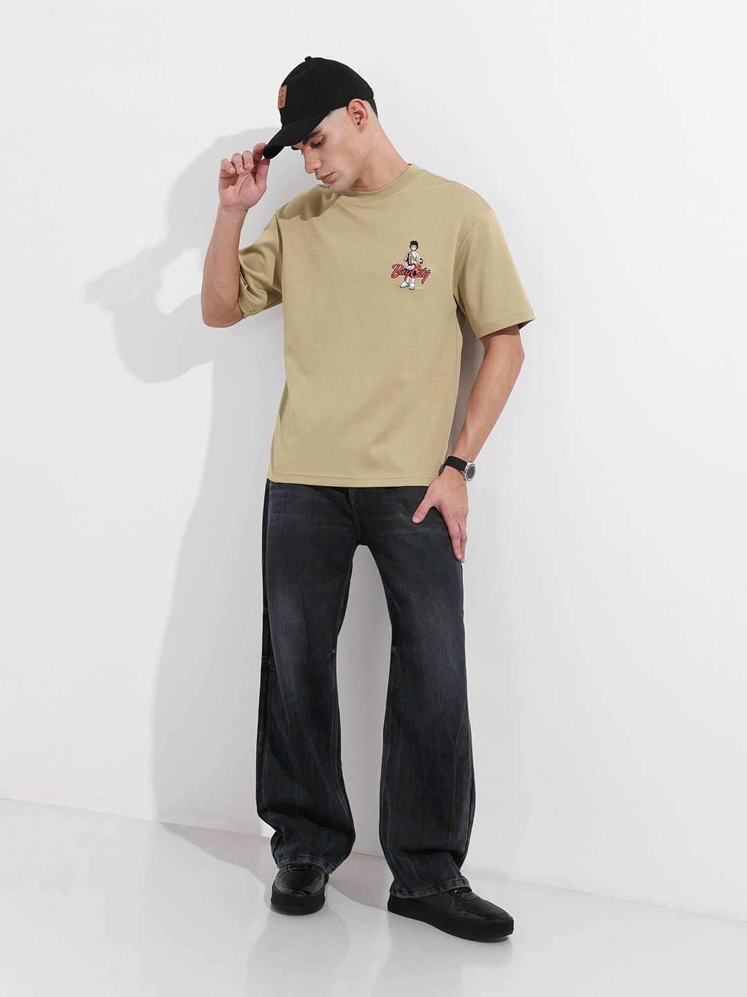 Men's Green Relaxed Fit Embroided Street Wear T-Shirt