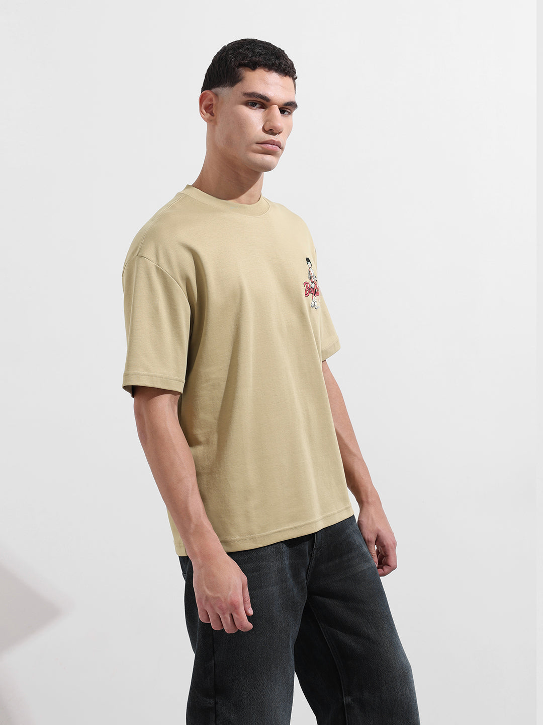 Men's Green Relaxed Fit Embroided Street Wear T-Shirt