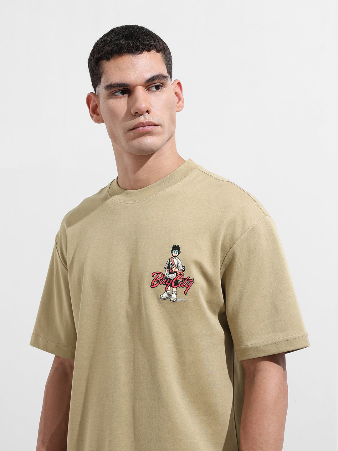 Men's Green Relaxed Fit Embroided Street Wear T-Shirt