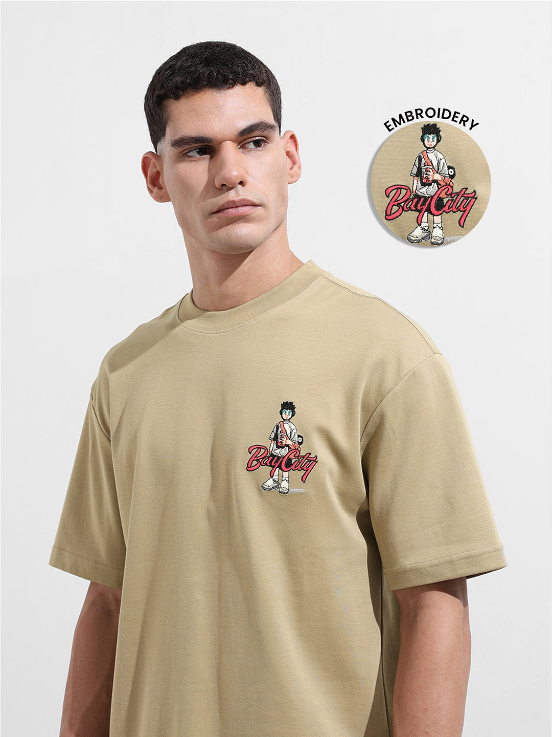 Men's Green Relaxed Fit Embroided Street Wear T-Shirt