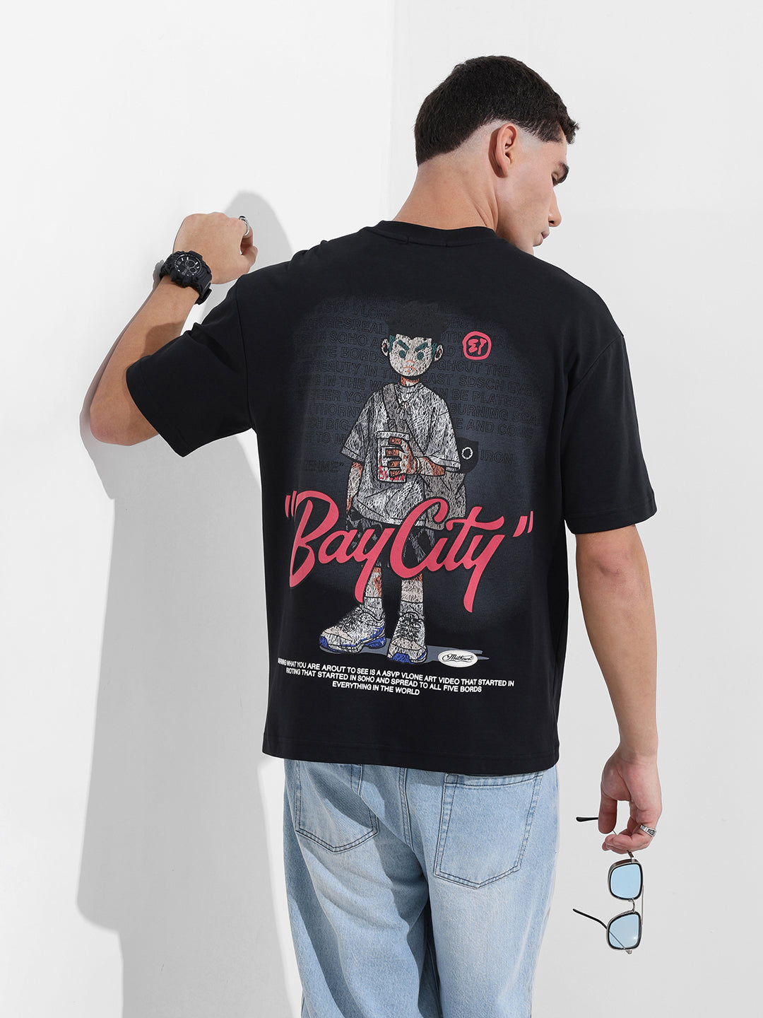 Men's Black Relaxed Fit Embroided Street Wear T-Shirt