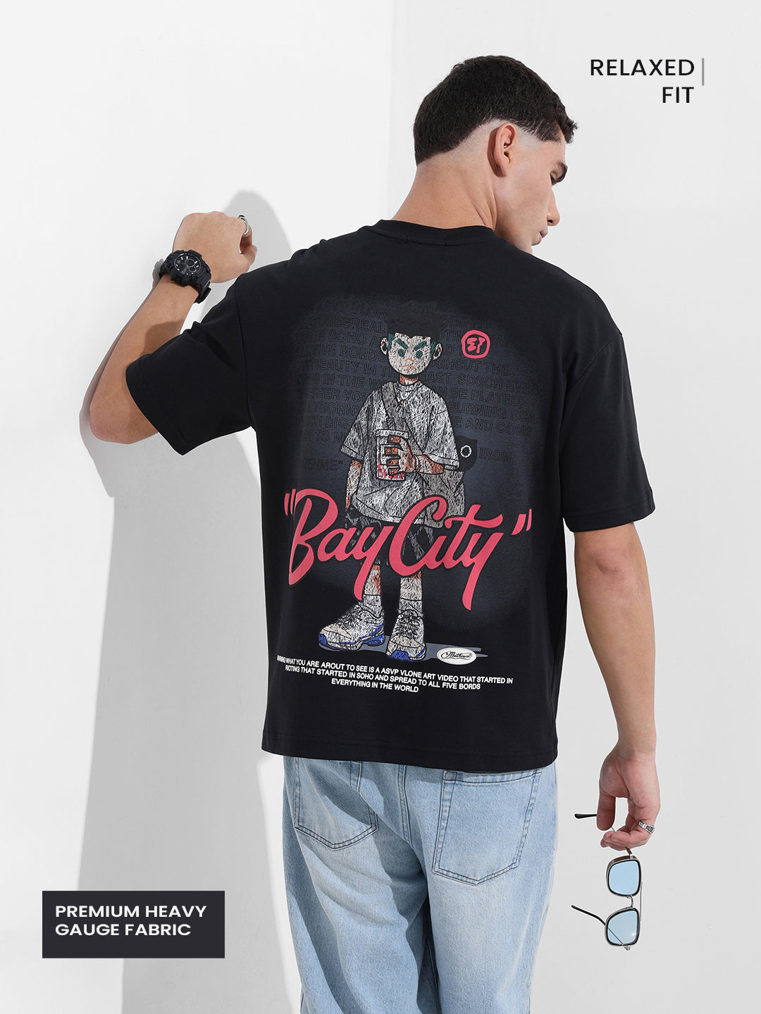 Men's Black Relaxed Fit Embroided Street Wear T-Shirt