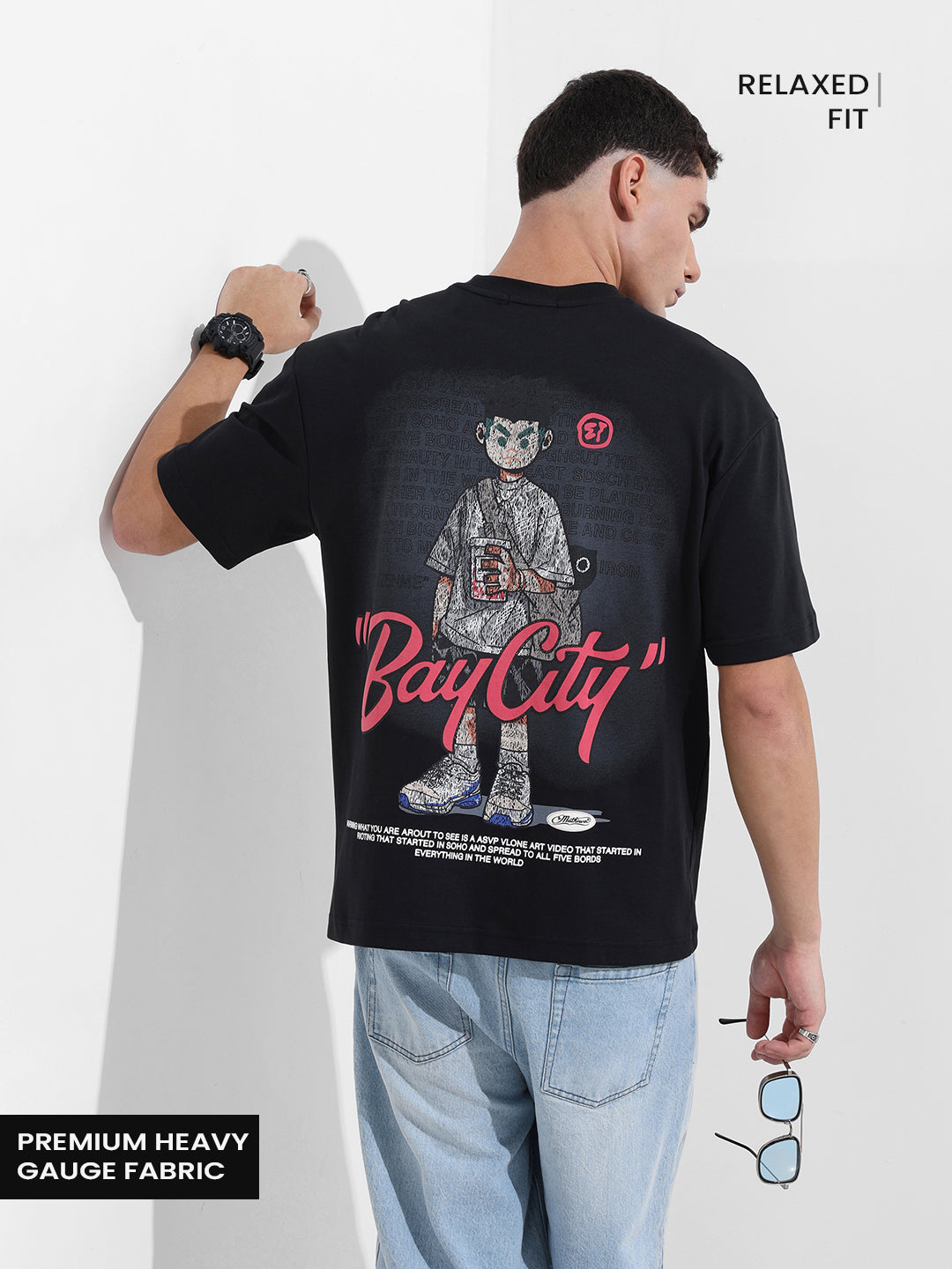 Men's Black Relaxed Fit Embroided Street Wear T-Shirt