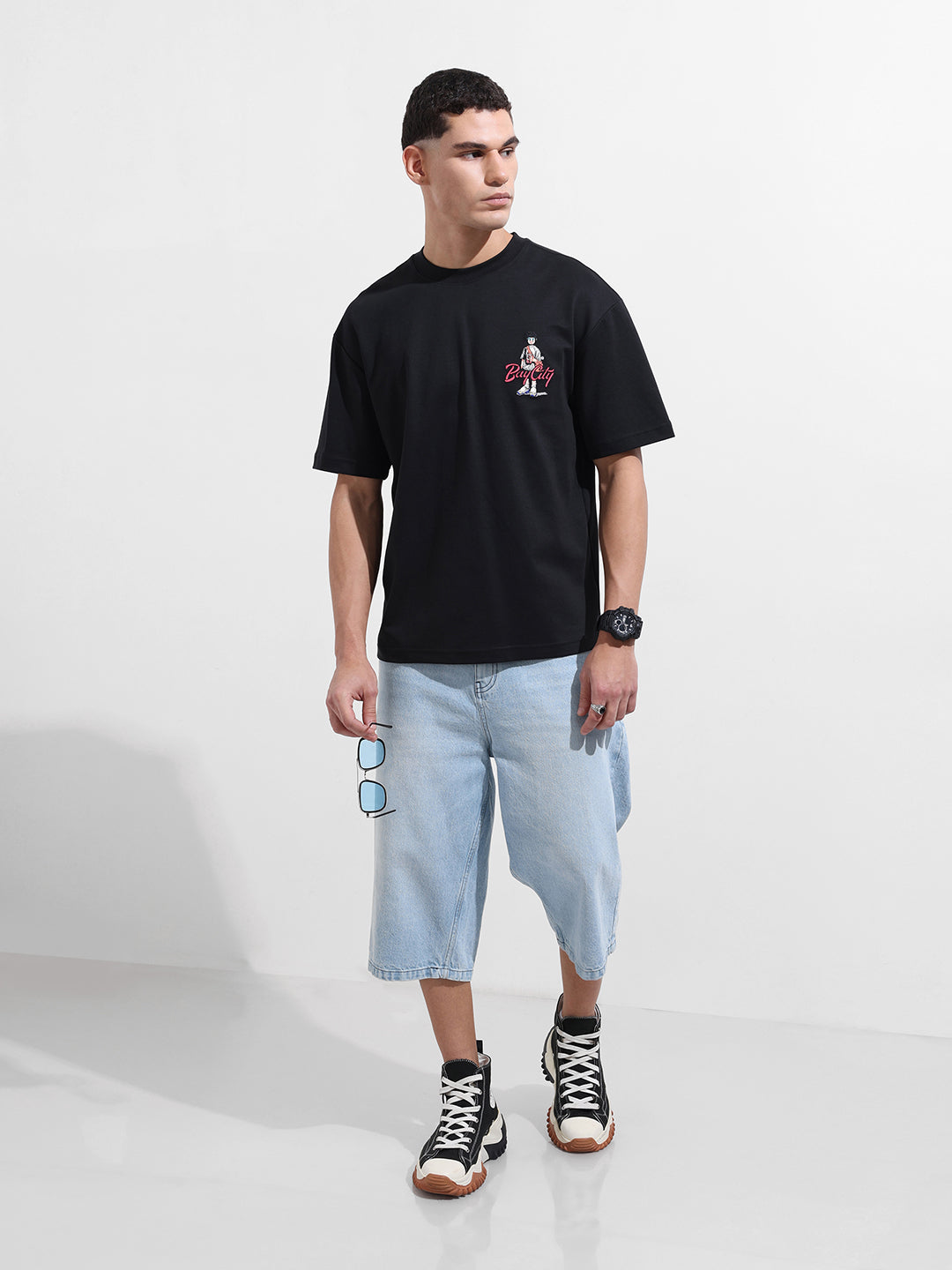 Men's Black Relaxed Fit Embroided Street Wear T-Shirt
