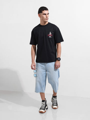 Men's Black Relaxed Fit Embroided Street Wear T-Shirt