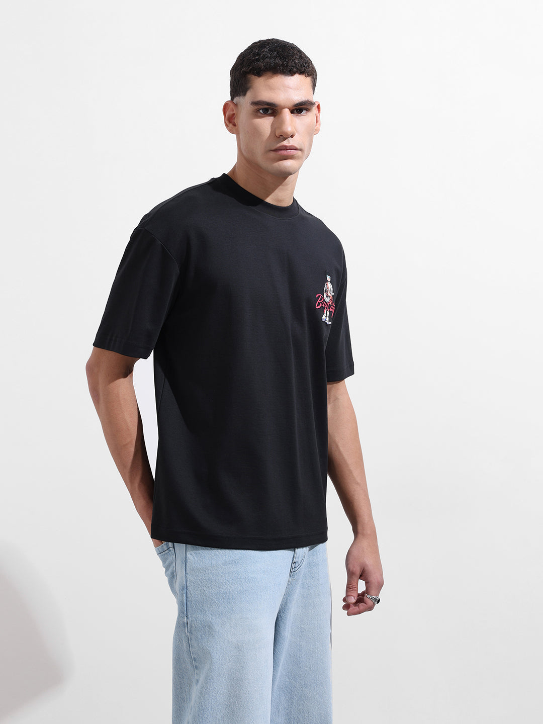 Men's Black Relaxed Fit Embroided Street Wear T-Shirt
