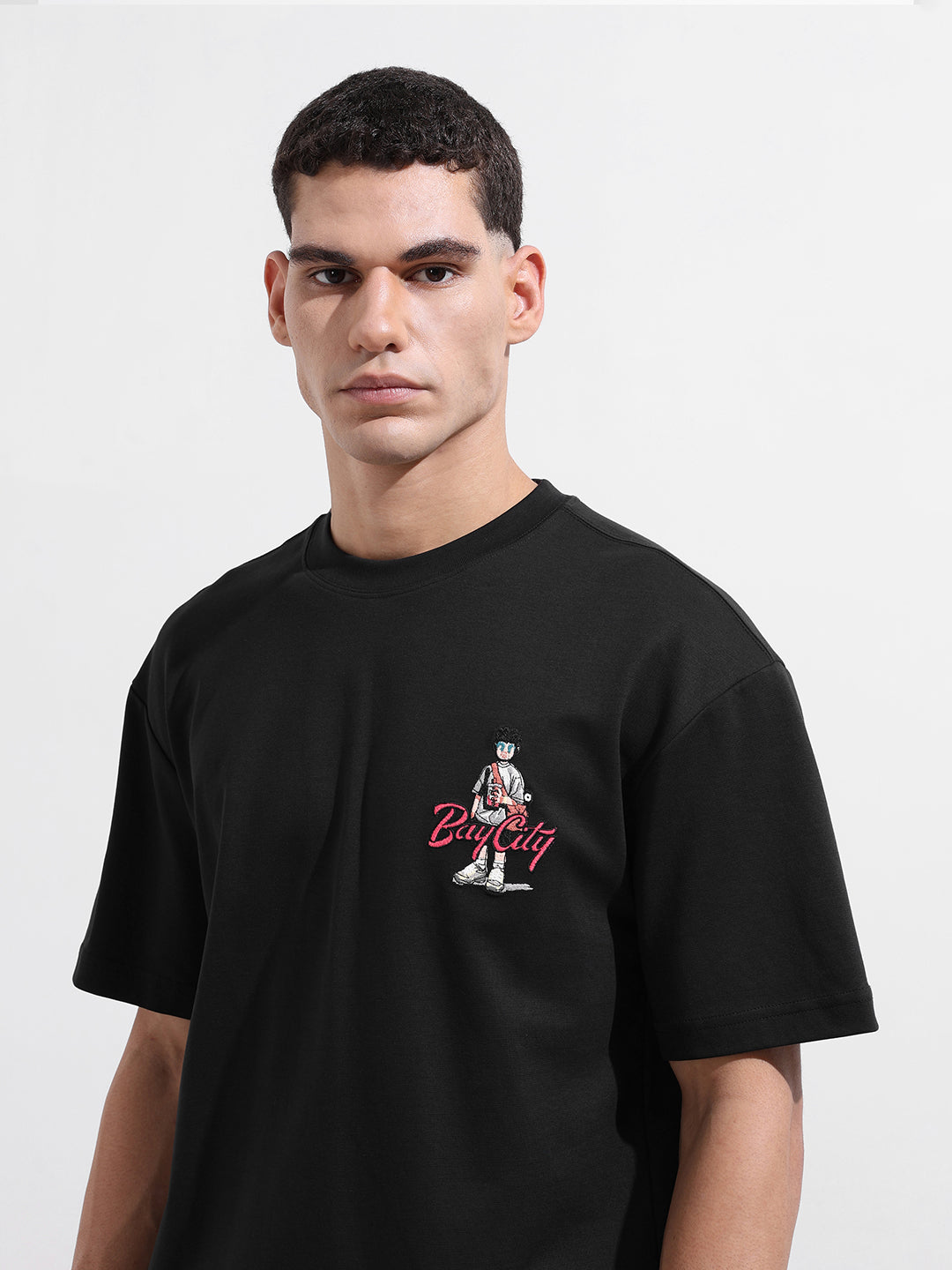 Men's Black Relaxed Fit Embroided Street Wear T-Shirt