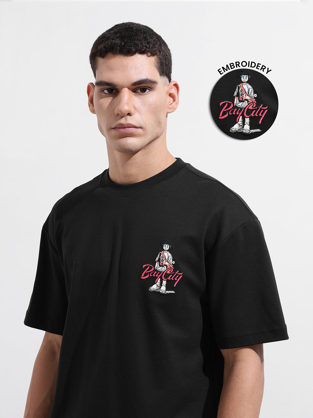 Men's Black Relaxed Fit Embroided Street Wear T-Shirt
