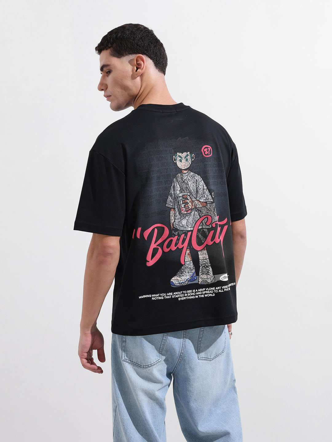 Men's Black Relaxed Fit Embroided Street Wear T-Shirt