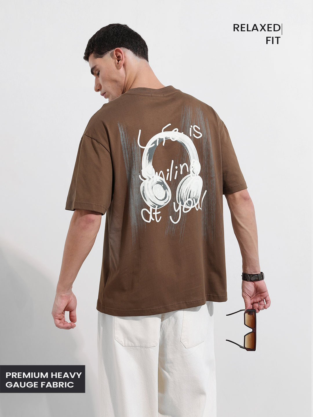 Men's Brown Relaxed Fit Graphic Street Wear T-Shirt