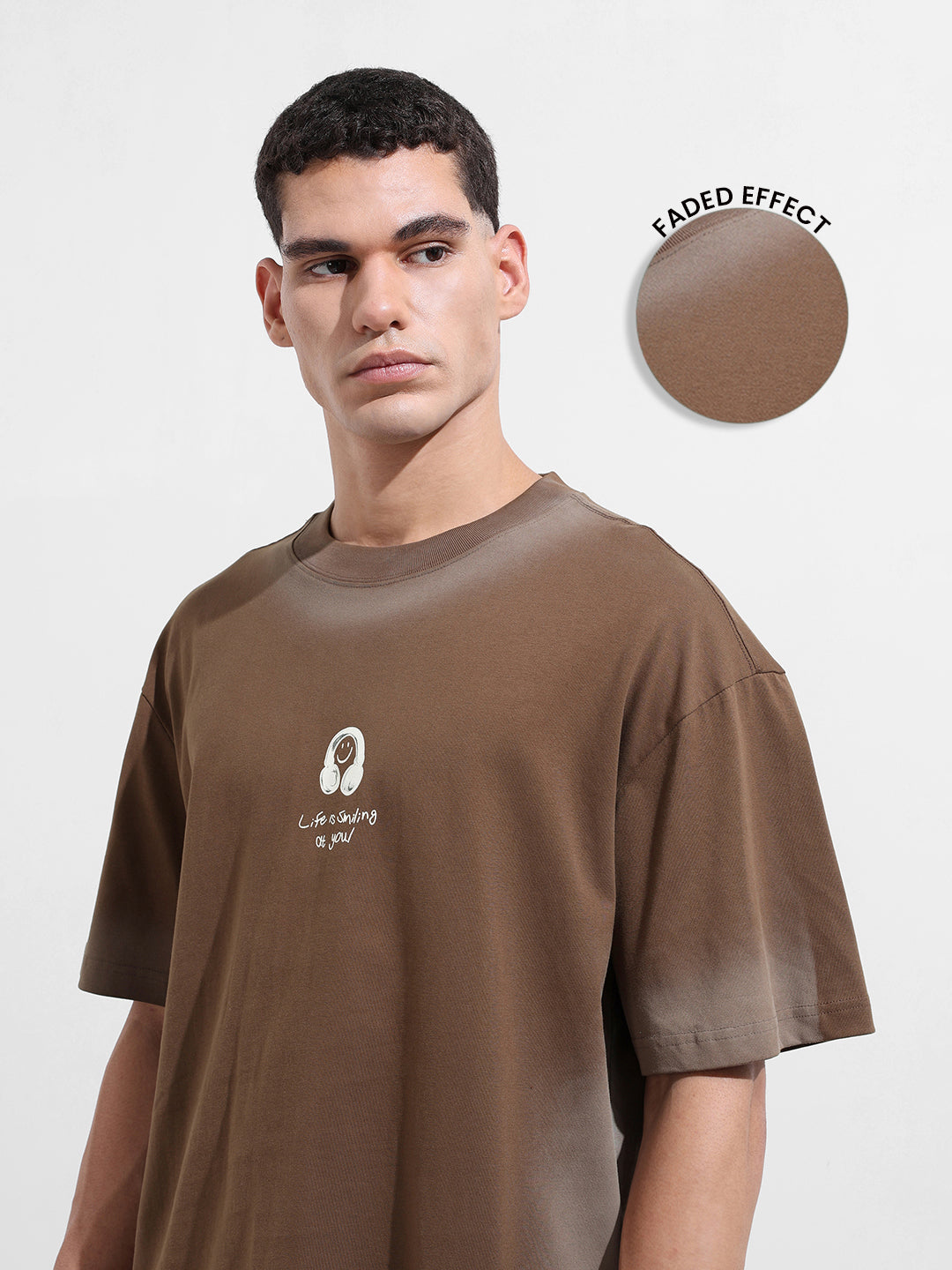 Men's Brown Relaxed Fit Graphic Street Wear T-Shirt