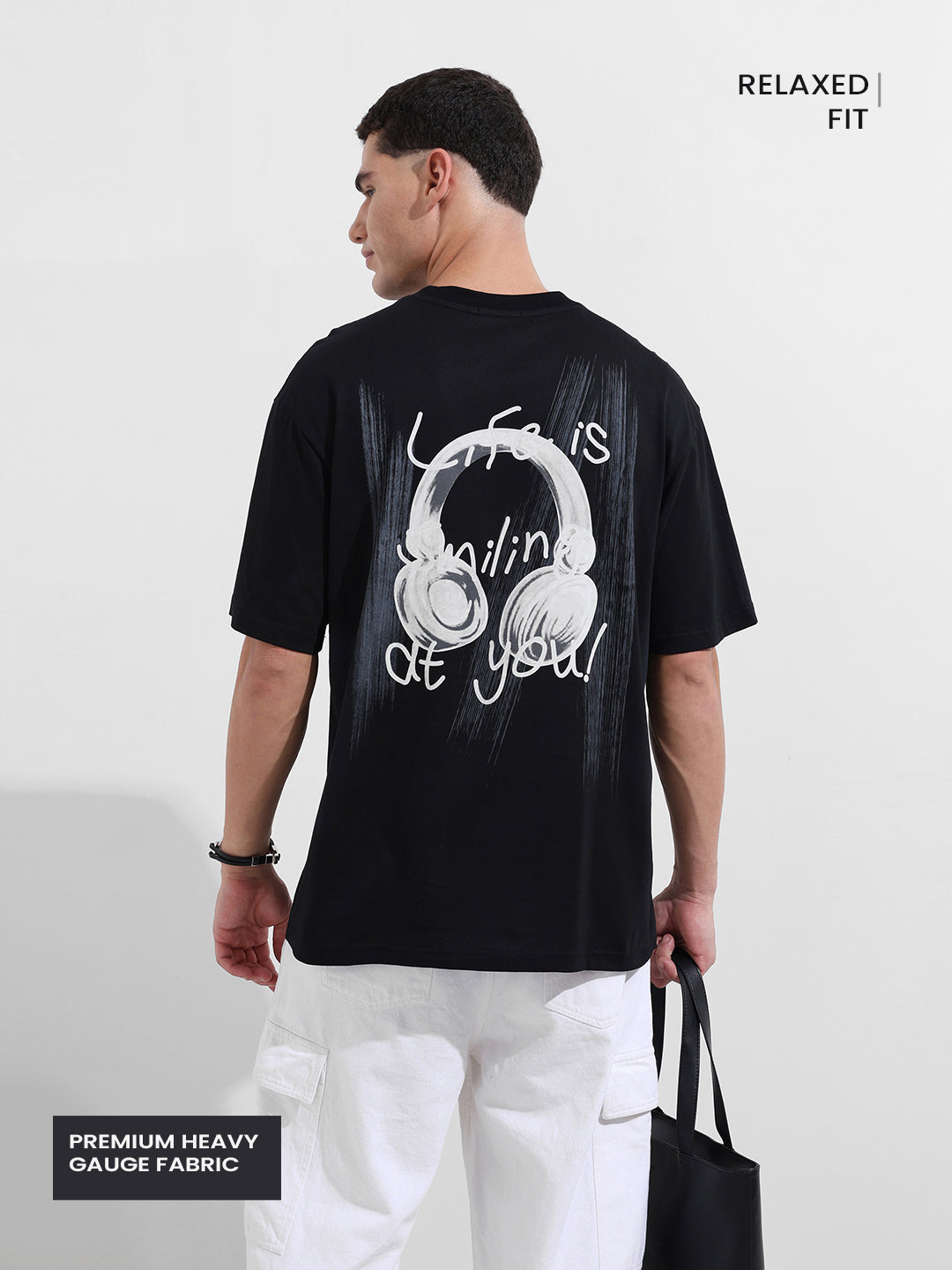Men's Black Relaxed Fit Graphic Street Wear T-Shirt