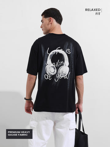 Men's Black Relaxed Fit Graphic Printed 240 GSM Street Wear T-Shirt