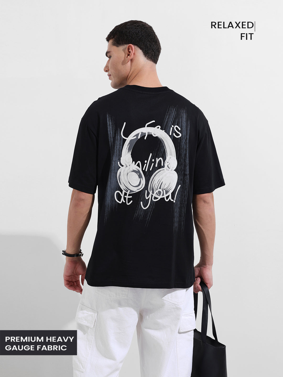 Men's Black Relaxed Fit Graphic Street Wear T-Shirt