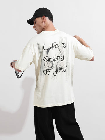 Men's Cream Relaxed Fit Graphic Street Wear T-Shirt